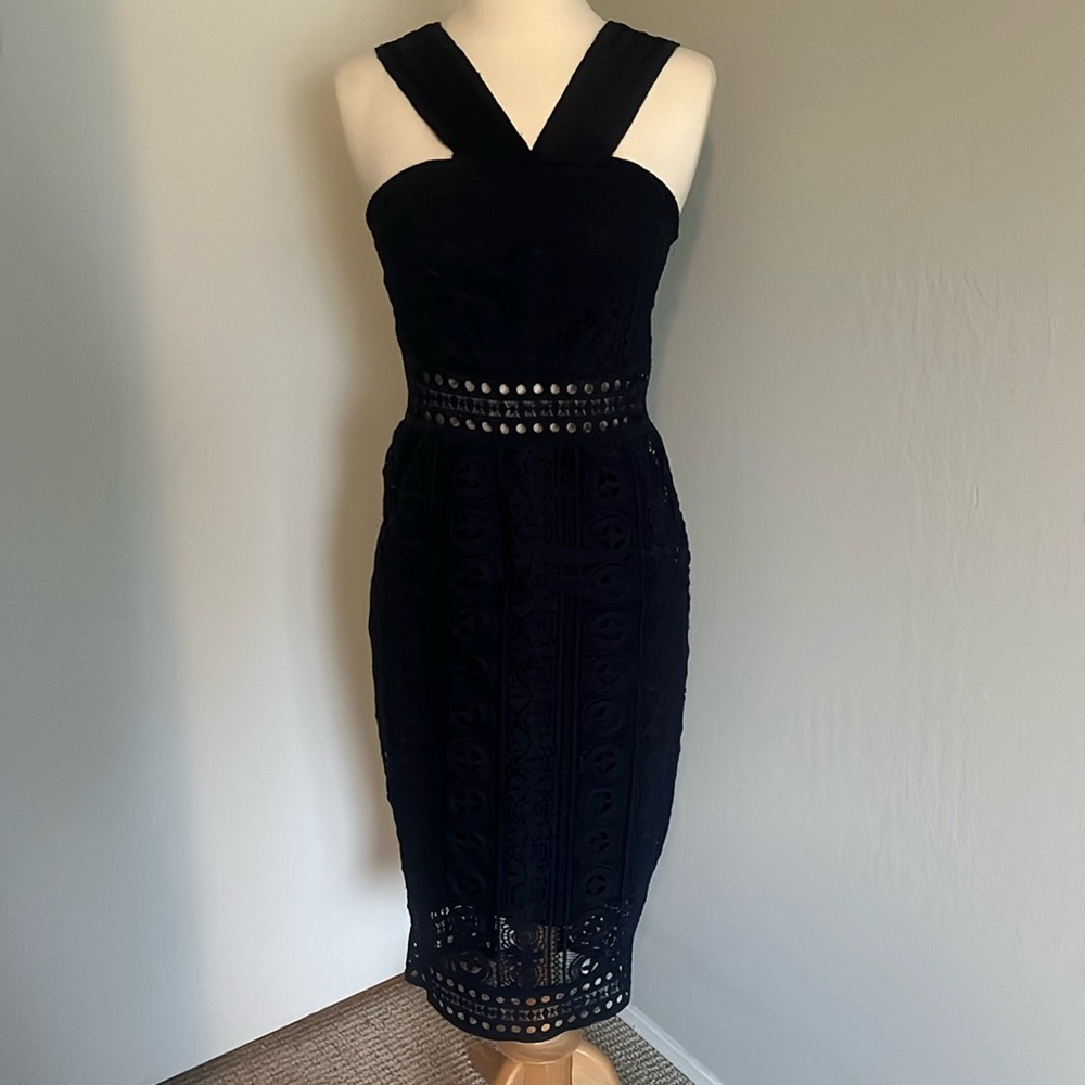 Cocktail Navy Blue dress crochet dress with peek a boo waist.